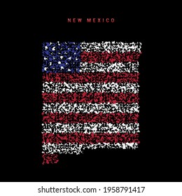 New Mexico US state flag map, chaotic particles pattern in the colors of the american flag. Vector illustration isolated on black background.