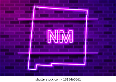 New Mexico US state glowing neon lamp sign. Realistic vector illustration. Purple brick wall, violet glow, metal holders.