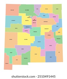 New Mexico, U.S. state, subdivided into 33 counties, multi colored political map with capital Santa Fe, borders and county names. State in the Southwestern region of United States. Land of Enchantment