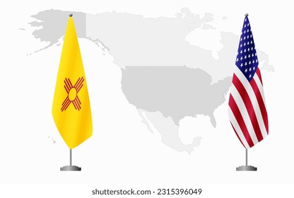 New Mexico US and USA flags for official meeting against background of world map.