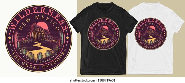 New Mexico (USA). The Land of Enchantment. Wilderness, the great outdoors slogan. Symbol of tourism and travel. Print for t-shirts and another, trendy apparel design 