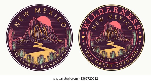 New Mexico (USA). The Land of Enchantment slogan. Wilderness, the great outdoor art. Symbol of tourism and travel 