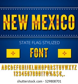 New Mexico USA state flag font. Alphabet, numbers and symbols stylized by state flag. Vector typeset