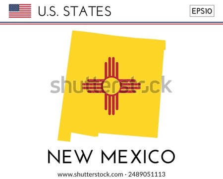 New Mexico USA state map shape with flag. Map of New Mexico in the New Mexico flag colors. Outline map filled with its flag colors. Vector illustration.