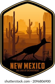 New Mexico vector label with Greater Roadrunner in desert with saguaro