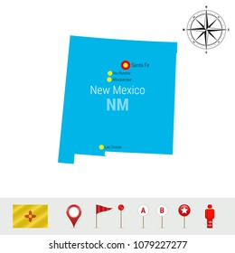 New Mexico Vector Map Isolated on White Background. Detailed Silhouette of New Mexico State. Vector Flag of New Mexico. 3D Map Markers or Pointers, Navigation Elements. Rose of Wind or Compass Icon