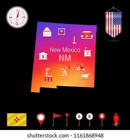 New Mexico Vector Map, Night View. Compass Icon, Map Navigation Elements. Pennant Flag of the United States. Vector Flag of New Mexico. Various Industries, Economic Geography Icons.
