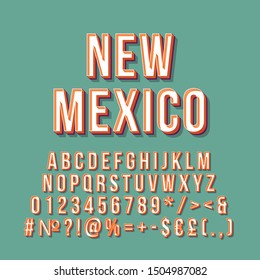 New Mexico Vintage 3d Vector Lettering. Retro Bold Font, Typeface. Pop Art Stylized Text. Old School Style Letters, Numbers, Symbols Pack. 90s, 80s Typography Design. Green Color Background