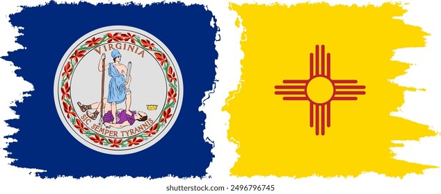 New Mexico and Virginia states grunge brush flags connection, vector