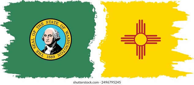 New Mexico and Washington states grunge brush flags connection, vector