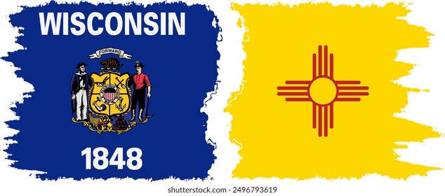 New Mexico and Wisconsin states grunge brush flags connection, vector