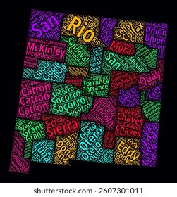New Mexico Word Cloud. Bright neon style design on dark background. Region names text cloud. Boundary shape with administrative division. Beautiful vector illustration.