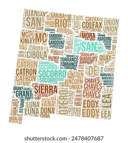 New Mexico Word Cloud. State shape with county division. New Mexico typography style image. County names tag clouds. Vector illustration.