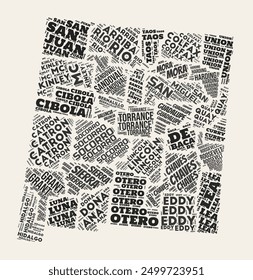 New Mexico Word Cloud. State with counties division. New Mexico typographic text clouds vector image design. Vintage gazette style state shape image. Awesome vector illustration.