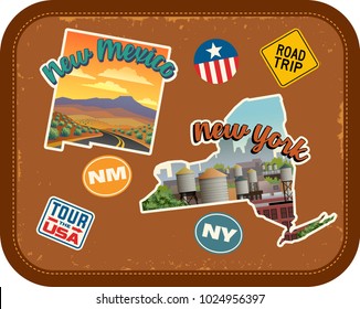 New Mexico, New York travel stickers with scenic attractions and retro text on vintage suitcase background