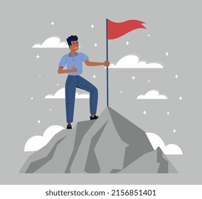 New Milestone Concept. Man With Flag On Mountain, Pioneer And Leader Of His Time. Innovation And Development. Young Guy On Top, Achieving Goals And Motivation. Cartoon Flat Vector Illustration