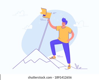 Se alcanzó un nuevo hito. Ilustración vectorial plana de un joven sonriente está parado en la cima de una montaña y sostiene una bandera amarilla. Diseño conceptual para el logro de los objetivos y las metas alcanzadas