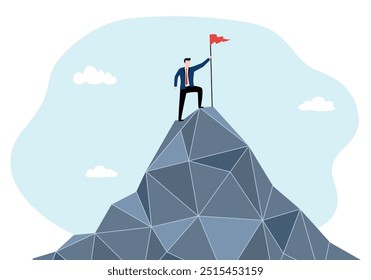 A new milestone reached. Success businessman is standing on the top of a mountain and holds a red flag. Concept design for goal achievement and target achieved.