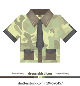 new military dress shirt icon with pockets, tie and army symbols isolated on white background