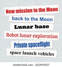 New mission to the Moon news headlines. Newspaper clippings about lunar exploration and new space missions.