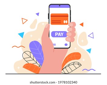 New mobile banking app and e payment. Shopping by phone and connected card with near field communication mainstream wireless technology. Flat abstract cartoon vector illustration concept design.