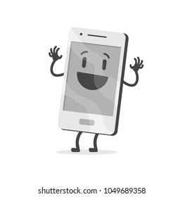 New mobile with bright and clean glowing screen. Happy and smiling cartoon character in gray colors. Flat design, vector illustration.