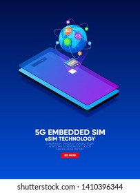 New mobile communication, eSIM card chip technology. Embedded SIM concept. 5G Vector illustration