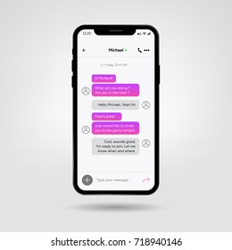 New Mobile Phone X. Vector Illustration. Social Network Concept. Messenger Chat Window. Chat And Messaging Vector Concept On A New Smartphone.