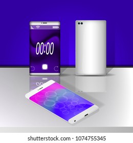 New mobile white phone front back mockups isolated on the table. Vector illustration. for printing and web element, Game and application mockup.