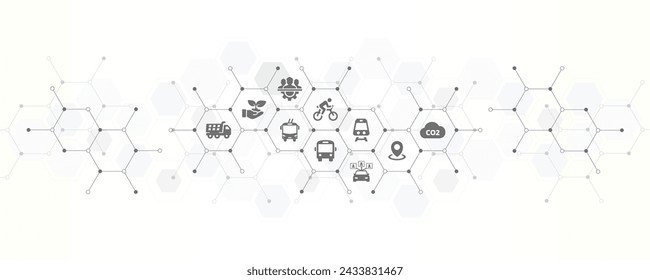 nuevo banner de movilidad con el sitio web iconos y símbolo de coche compartido bicicletas transporte alternativas de transporte público ilustración vectorial ecológica con fondo de tecnología