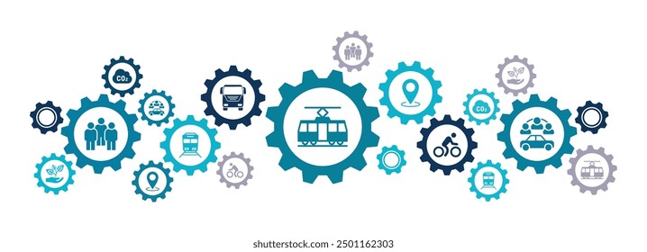 new mobility icon concept – ecological public transport alternatives: bus, bike, car sharing, train - vector illustration