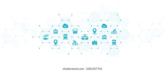 new mobility icon concept – ecological public transport alternatives: bus, bike, car sharing, train - vector illustration