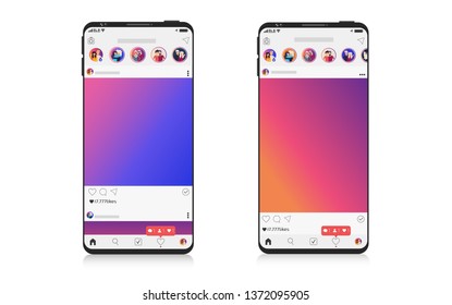 New Mock up set of social network on Smartphone, mobile realistic style. Flat design Photo frame vector illustration en white background. Style Colour and profile.