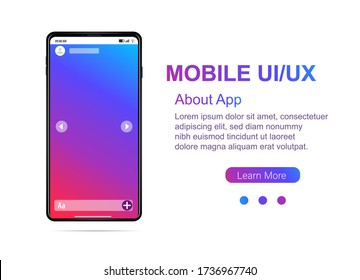 New mockup Smartphone concept swipe interface in social network concept. Bright gradient on the screen. Made in 3D Realistic style. Easy to edit. Suitable for template infographics presentation Vector