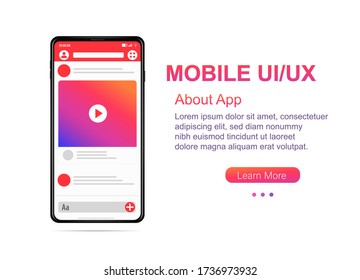 New mockup Smartphone Video Concept interface in social network concept. Pink Orange gradient on screen. Made in 3D Realistic style. Easy to edit Suitable for template infographics presentation Vector