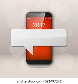 New model Mobile phone with platform for communication. Cell mobile short message. Smartphone blank colloquial cloud banner. Cellular empty advertising poster.