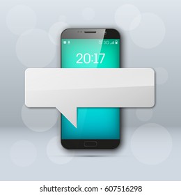 New model Mobile phone with platform for communication. Cell mobile short message. Smartphone blank colloquial cloud banner. Cellular empty advertising poster.