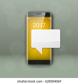 New model Mobile phone with platform for communication. Cell mobile short message. Smartphone blank colloquial cloud banner. Cellular empty advertising poster.