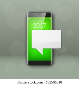 New model Mobile phone with platform for communication. Cell mobile short message. Smartphone blank colloquial cloud banner. Cellular empty advertising poster.