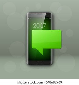 New model Mobile phone with platform for communication. Cell mobile short message. Smartphone blank colloquial cloud banner. Cellular empty advertising poster.