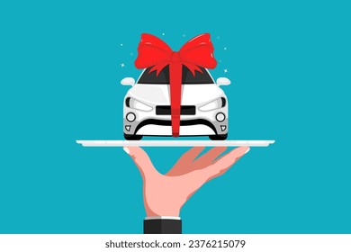 New model personal car for gift in human hand on isolated background, Vector illustration.
