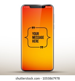 New Model vector Mobile Phone with Innovative quotation template in quotes against the yellow backdrop. Cell mobile short message. Smartphone blank colloquial cloud banner. Cellular advertising poster