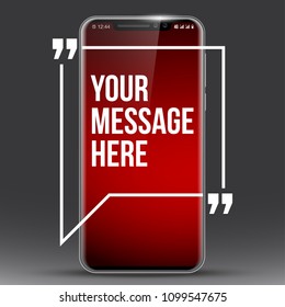 New Model vector Mobile Phone with Innovative quotation template in quotes against the Red backdrop. Cell mobile short message. Smartphone blank colloquial cloud banner. Cellular advertising poster