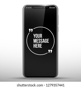 New Model vector Mobile Phone with Innovative quotation template in quotes against the Black backdrop. Cell mobile short message. Smartphone blank colloquial cloud banner. Cellular advertising poster