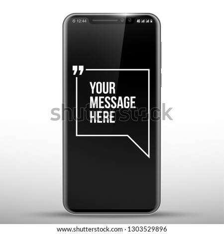 New Model vector Mobile Phone with Innovative quotation template in quotes against the Black backdrop. Cell mobile short message. Smartphone blank colloquial cloud banner. Cellular advertising poster