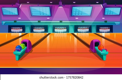 New modern bowling interior with pins and balls vector illustration. Empty club interior with skittles on lane flat style. Place for entertainment leisure and sport tournaments concept