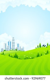 New modern city in clouds with blue sky