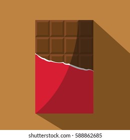  A new modern clean simple opened chocolate bar vector illustration a partly wrapped in a foil illustration with shadow on brown flat design background