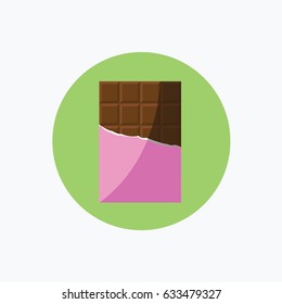  A new modern clean simple opened chocolate bar vector isolated a partly wrapped in a foil in rounded green circle flat design style background. tasty and delicious chocolate milk. button for website