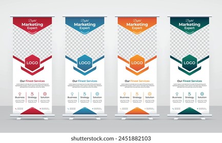 New modern corporate business roll up pull up x banner standee signage design template, marketing advertising promotion banner design with photo placeholder, editable trending geometric layout